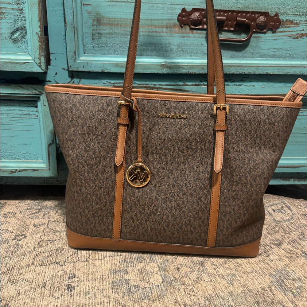 Michael Kors Brown Monogram Tote with Gold Hardware